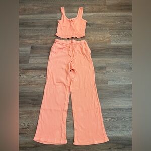 Old Navy Waffle Knit Lounge Set Coral Matching Crop Tank & Wide Leg Small